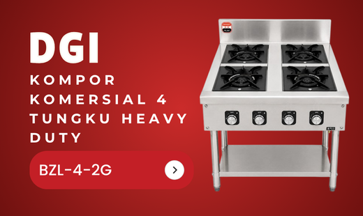 DGI BZL-4-2G adalah kompor gas komersial 4 tungku yang dirancang untuk kebutuhan dapur restoran, catering, dan cloud kitchen. Menggunakan material Stainless Steel SUS201 dengan ketebalan 0,8 mm dan burner cast iron berkualitas, kompor ini mampu menghasilkan panas yang stabil untuk memasak dalam volume besar. Cocok digunakan untuk berbagai masakan Asia dan kebutuhan operasional harian.
