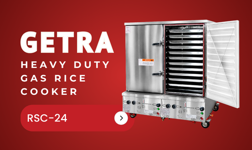 HEAVY DUTY GAS RICE COOKER GETRA RSC-24 adalah alat untuk memasak beras dengan cara disteam (menguapkan air panas/mengukus) sehingga nasi lebih empuk dan pulen. Unit ini mampu memasak beras 32 kg sampai 96 kg dengan cepat dan praktis. Dengan perforated tray (nampan berlubang) bisa untuk mengukus : Bakpau, Dimsum, Jagung, Tahu, dll.