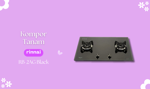 Kompor Tanam RINNAI RB-2AG Black merupakan Kompor tanam dua tungku dengan bahan schott glass yang cantik, dilengkapi juga dengan beberapa kelengkapan seperti wok adaptor, flat top, heavy duty cast iron pan support.