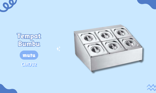 empat Bumbu MUTU 3x2 Ruang CMD32 Condiment Dispenser merupakan tempat bumbu dapur atau tempat penyimpanan topping makanan berbahan stainless yang sangat cocok digunakan untuk rumahan, restoran, rumah makan, cafe dan hotel. sehingga tempat bumbu lebih teratur dan tidak membuat dapur anda berantakan. dengan desain yang sangat elegan sehingga dapat mempercantik dapur anda. dilengkapi dengan 3 buah tempat bumbu dan terbuat dari material SS 201 dan ketebalan 0,7 mm dan. Dimensi : 345x425x250 mm. Beli Produk MUTU termurah di Indonesia! Belanja online di DuniaMasak sekarang dan temukan diskon Produk MUTU lainnya untuk mendapatkan harga terbaik.