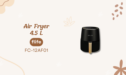 FLiFE Air Fryer FC-12AF01 dengan kapasitas besar 4.5L mampu membantu anda untuk membuat makanan lebih sehat tanpa minyak. Dengan desain yang elegan dan perpaduan warna hitam dan gold yang menawan, membuat tampilan Air Fryer FLiFE lebih indah.