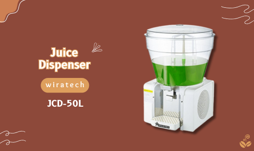 Juice dispenser adalah sebuah alat atau tempat untuk menyimpan juice dan minuman dingin lainnya di dalam sebuah dispenser. Dengan penyimpanan yang demikian, maka juice akan tetap terjaga kesegarannya, tetap higienis dan mampu bertahan lebih lama dibandingkan penyimpanan pada tempat biasa. Wiratech menawarkan Juice Dispenser JCD-50L yang cocok di gunakan bagi anda yang mempunyai usaha kuliner di bidang minuman ringan dan cafe. Juice dispenser ini mempunyai design yang sangat menarik dengan body yang kokoh. Volume juicenya mampu menampung hingga 50 Liter dengan suhu ideal mulai dari 7 – 12 derajat celcius. Tak hanya itu Dispenser Juice ini juga mampu untuk menampung minuman hangat dimana suhu idealnya mencapai 52-58 derajat celcius.Mesin ini mempunyai berat total hingga 40 kg dengan dimensi 49 x 49 x 73cm. Daya listrik yang di gunakan berkisar 300 watt untuk suhu dingin, dan 600 watt untuk suhu panas.
